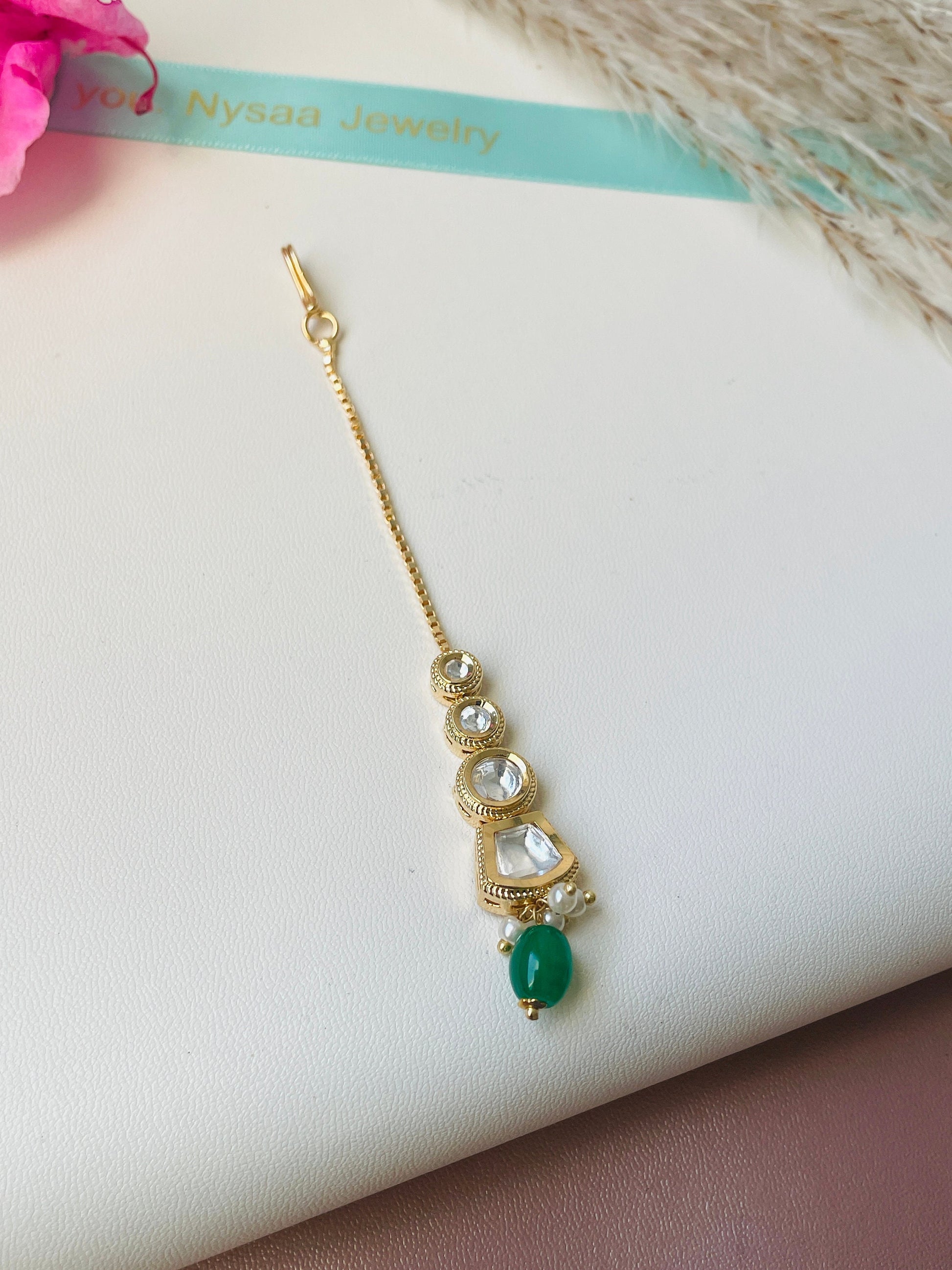 Gold Plated Kundan Maang Tika: Indian Head Jewelry