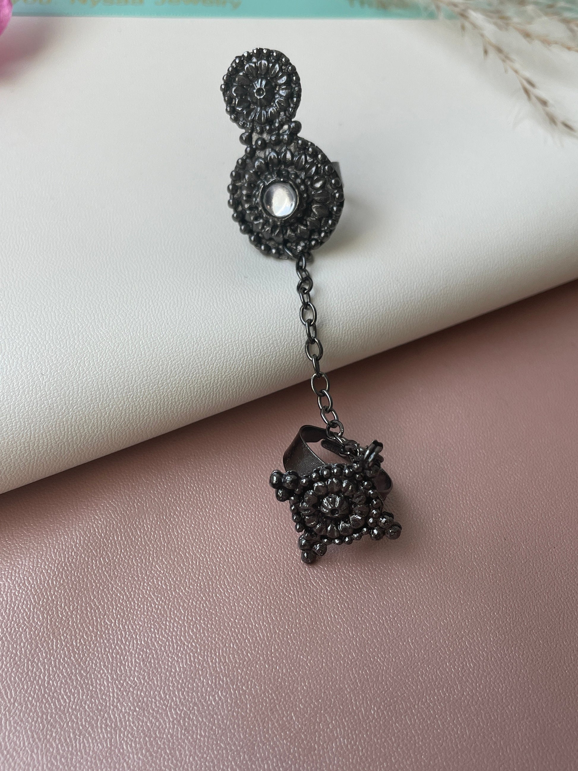 Black Oxidized Connecting Ring: Adjustable Peacock Ring