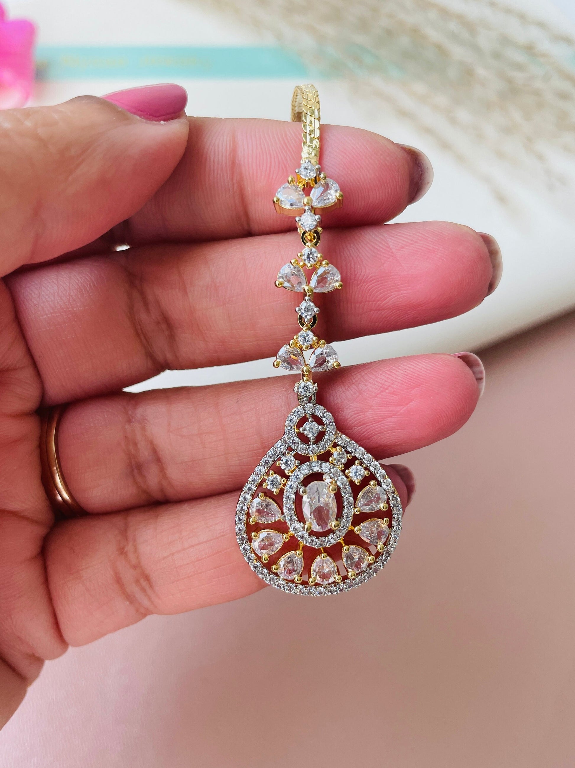 CZ Maang Tikka: Gold or Rhodium Plated Indian Headpiece