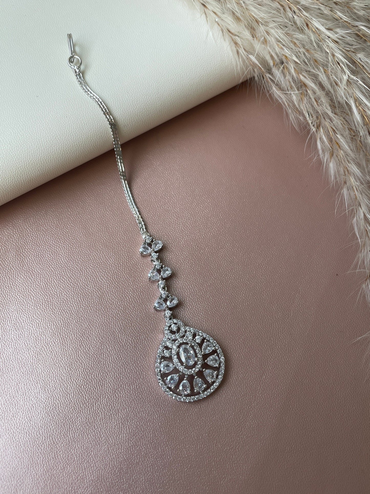 CZ Maang Tikka: Gold or Rhodium Plated Indian Headpiece