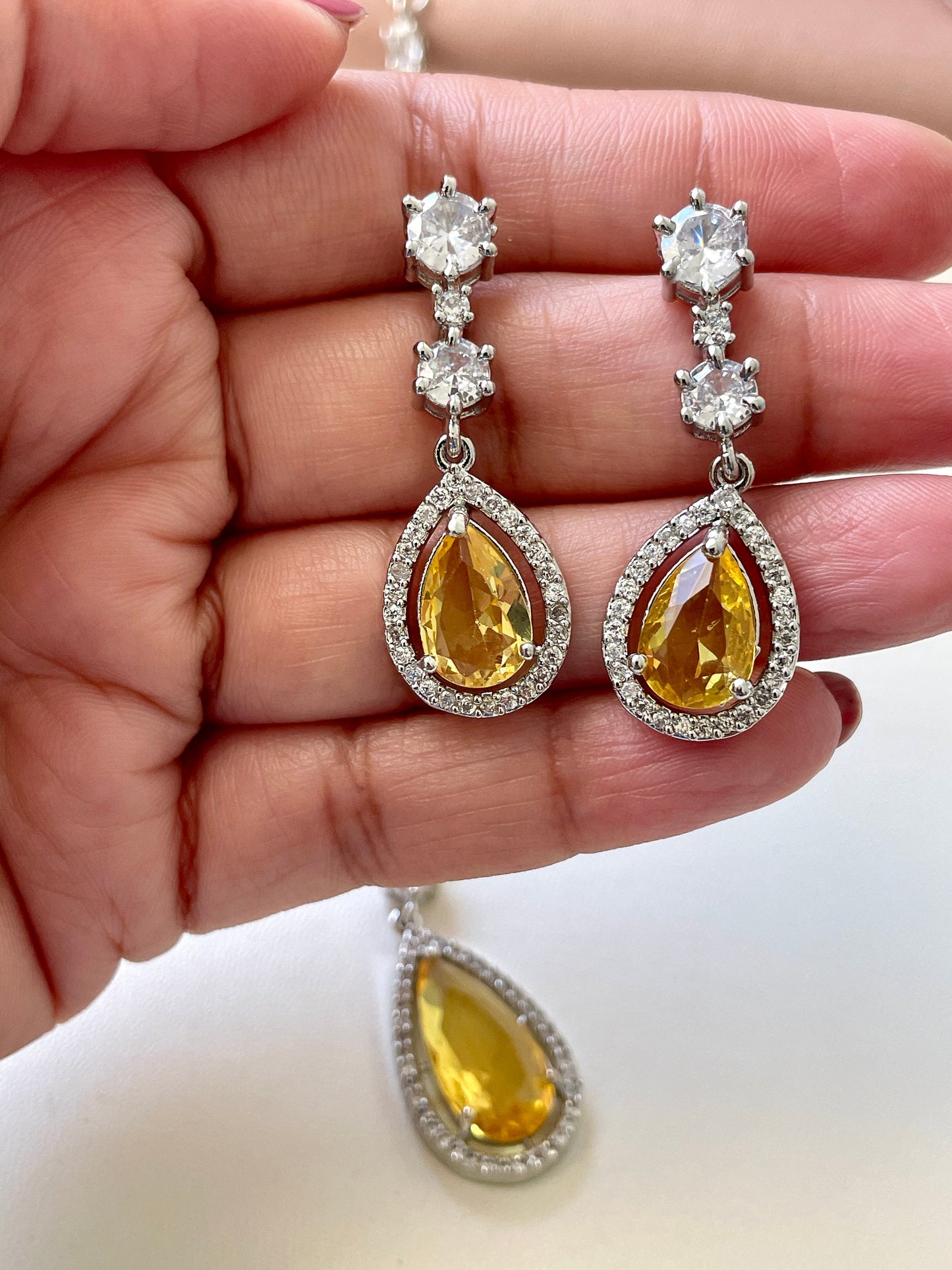 Blue Cubic Zirconia Necklace Set: Rhodium Plated Indian Jewelry