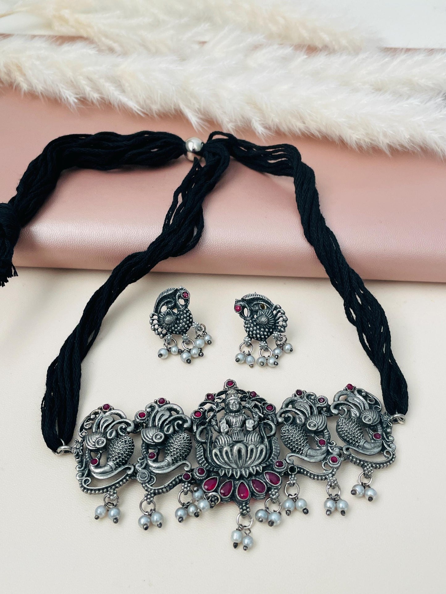 Oxidized Temple Choker Set: Multicolor Stone Navratri Jewelry