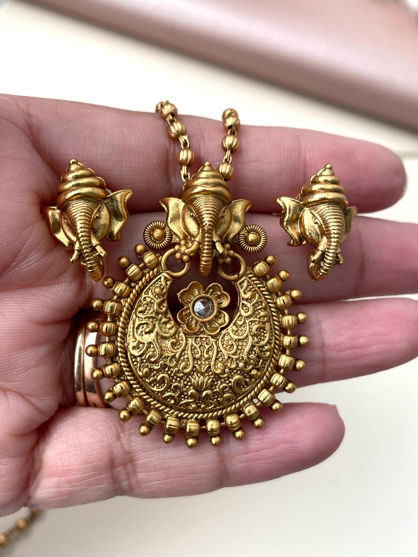 Antique Gold Plated Ganesh Necklace Set: Temple Jewelry