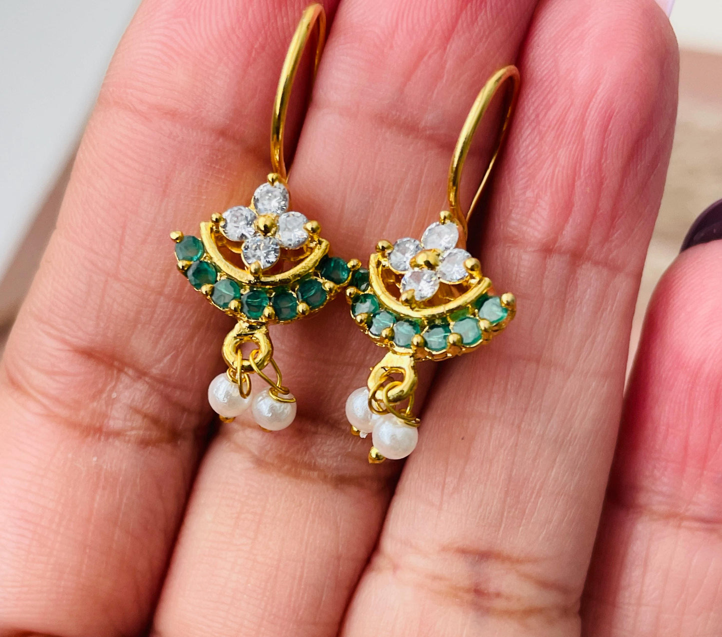 Maharashtrian Bugadi Earrings: Moti, CZ Ruby, Pearl Clip-Ons