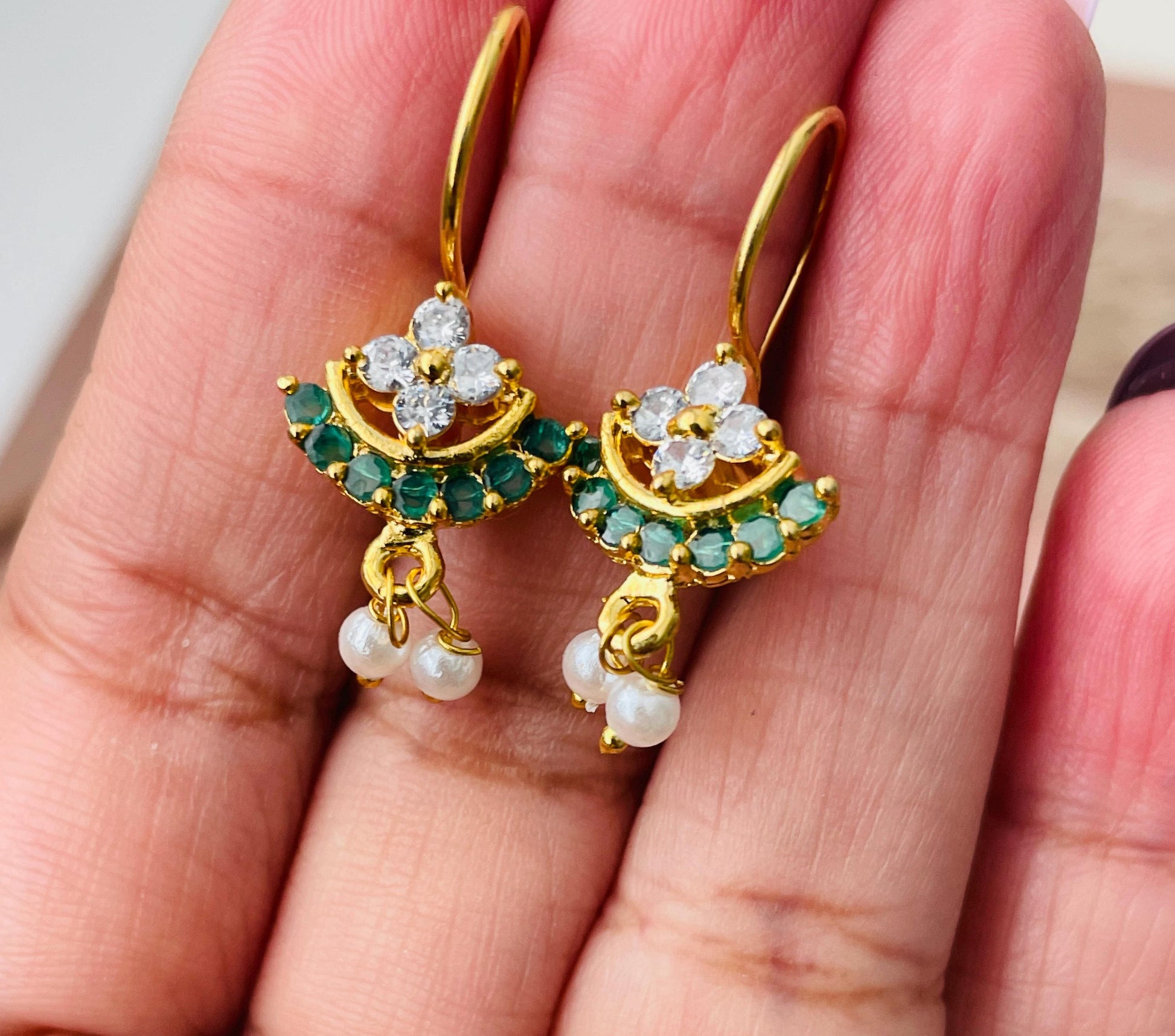 Maharashtrian Bugadi Earrings: Moti, CZ Ruby, Pearl Clip-Ons