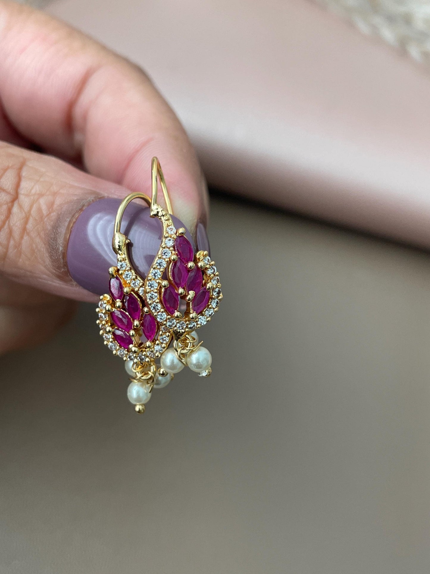 Maharashtrian Bugadi Earrings: Moti, CZ Ruby, Pearl Clip-Ons