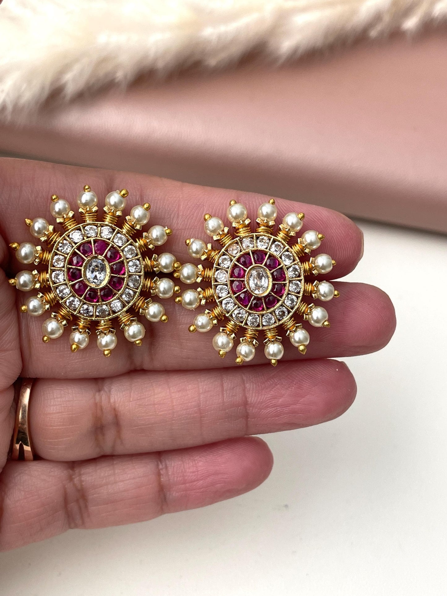 Maharashtrian Kudi Earrings: Ruby, Pearl & CZ Gold Plated Earrings