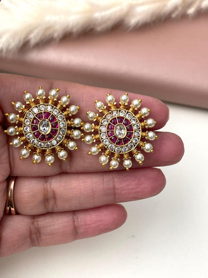 Maharashtrian Kudi Earrings: Ruby, Pearl & CZ Gold Plated Earrings