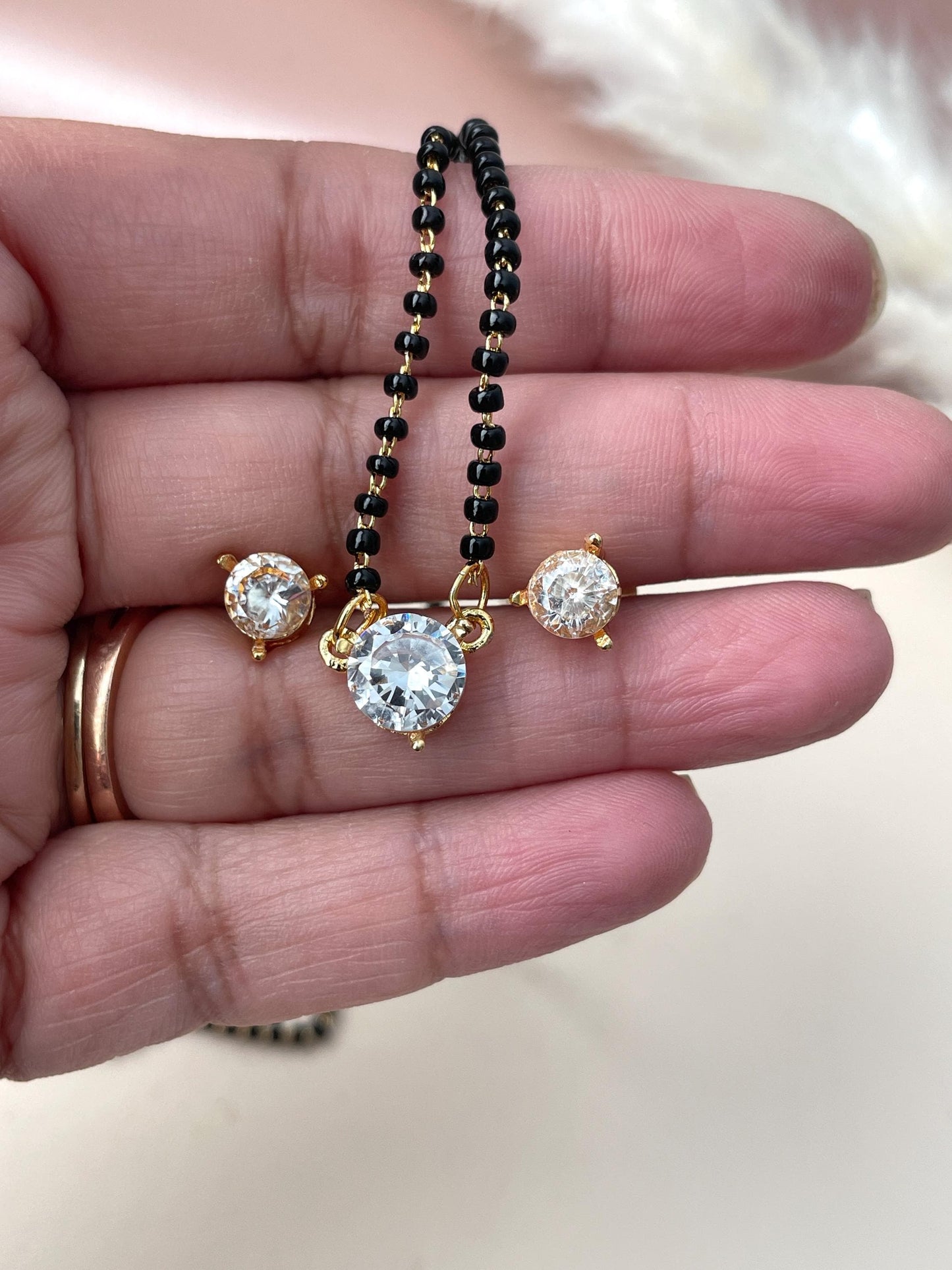 CZ Solitaire Mangalsutra Set: Black Bead Necklace, Matching Earrings