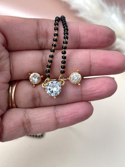 CZ Solitaire Mangalsutra Set: Black Bead Necklace, Matching Earrings