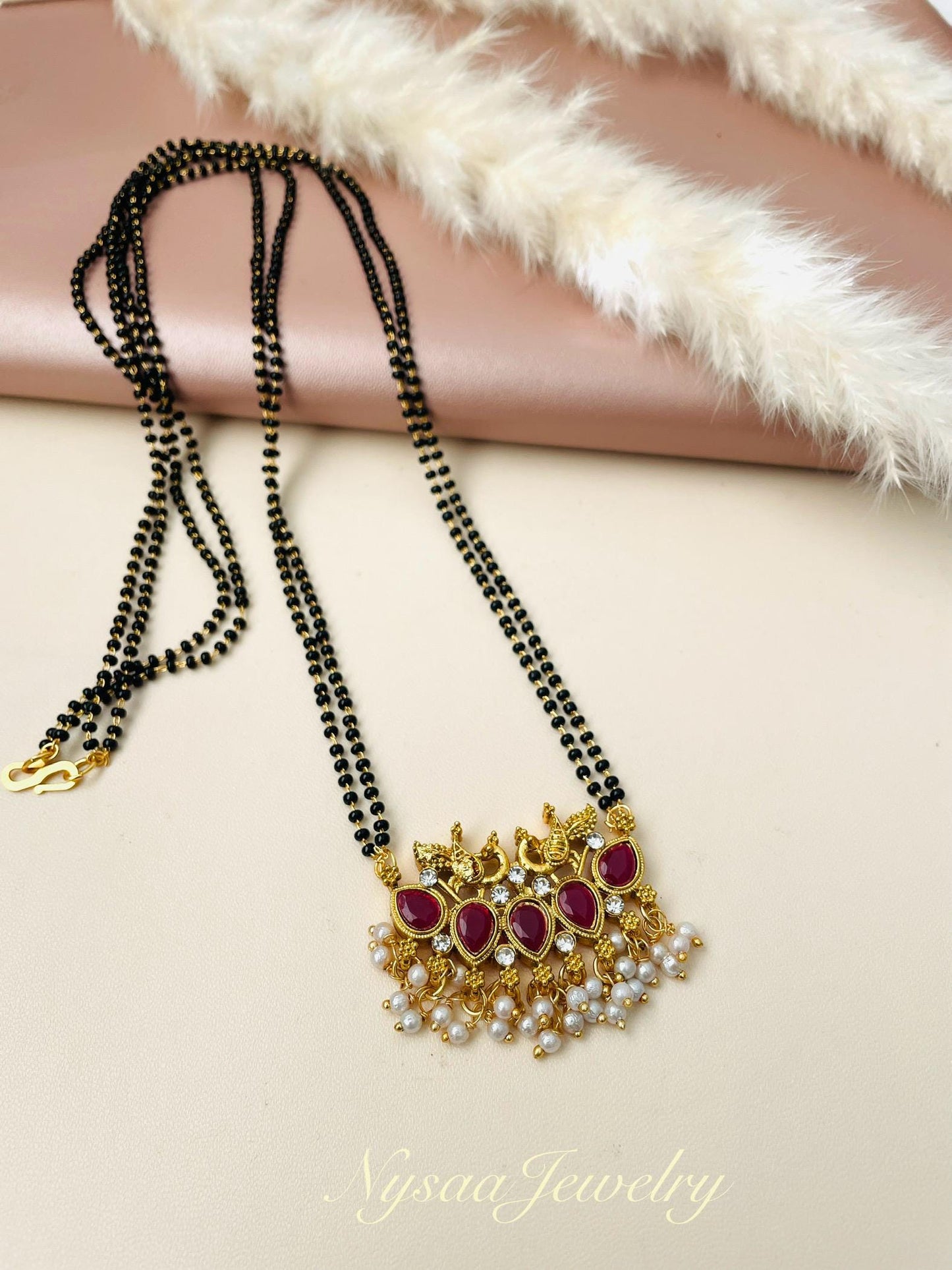 CZ Solitaire Mangalsutra Set: Black Bead Necklace, Matching Earrings