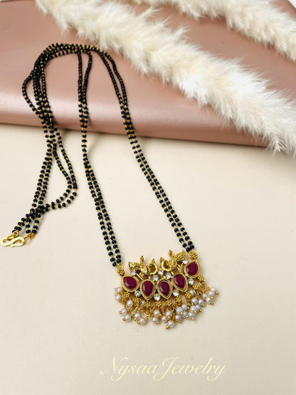 CZ Solitaire Mangalsutra Set: Black Bead Necklace, Matching Earrings