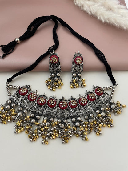 Nysaa dual tone Oxidised multicolored ghungaroo choker with earrings | Bollywood Jewelry | Navaratri jewelry | German silver jewelry