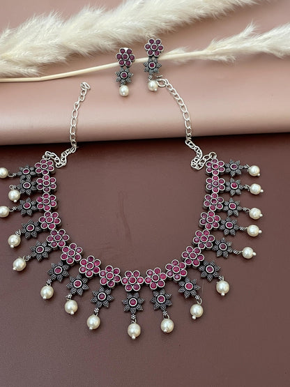 Ruby Stone Oxidized Necklace & Earrings: Indian Bollywood Jewelry