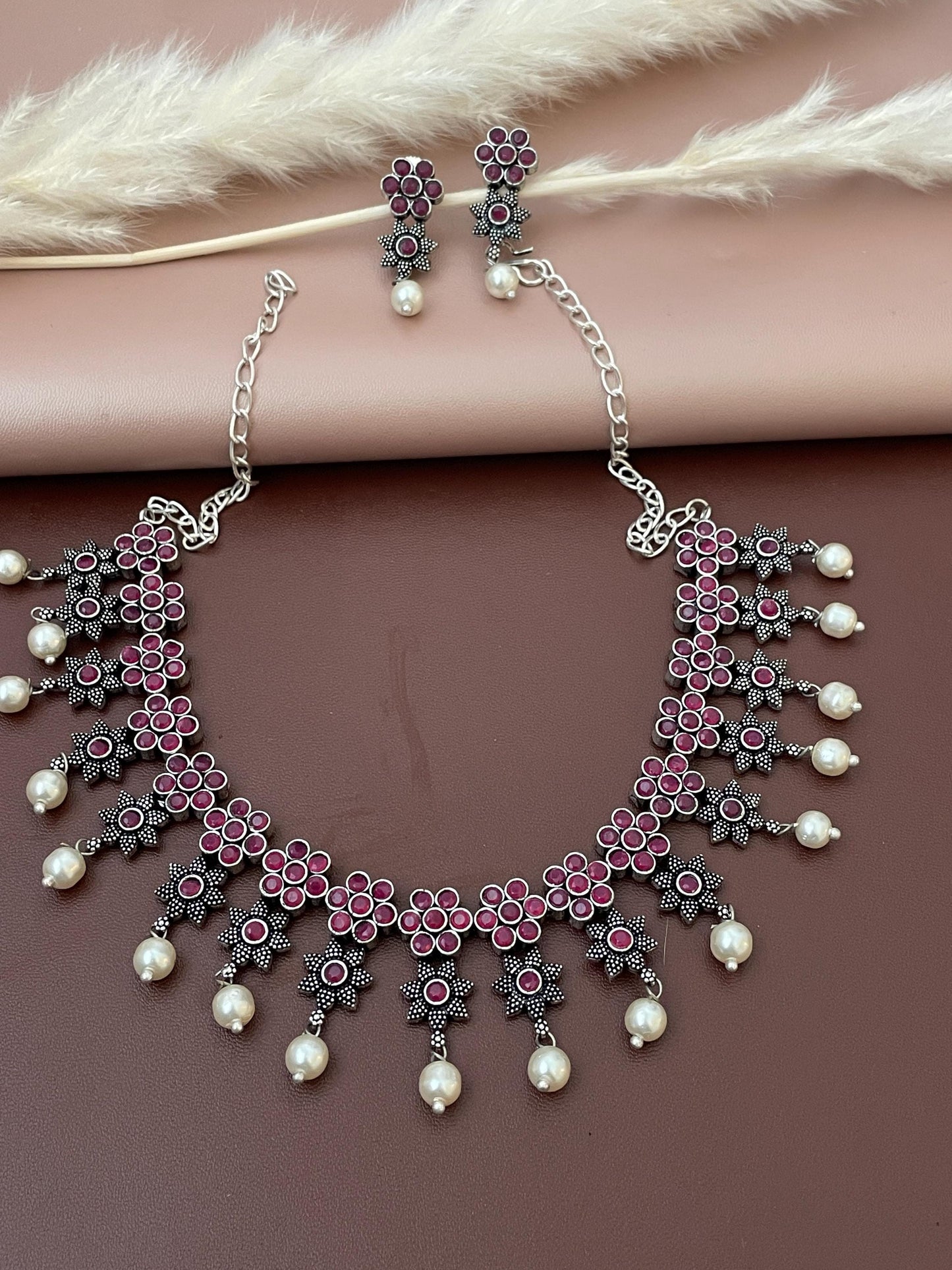 Ruby Stone Oxidized Necklace & Earrings: Indian Bollywood Jewelry