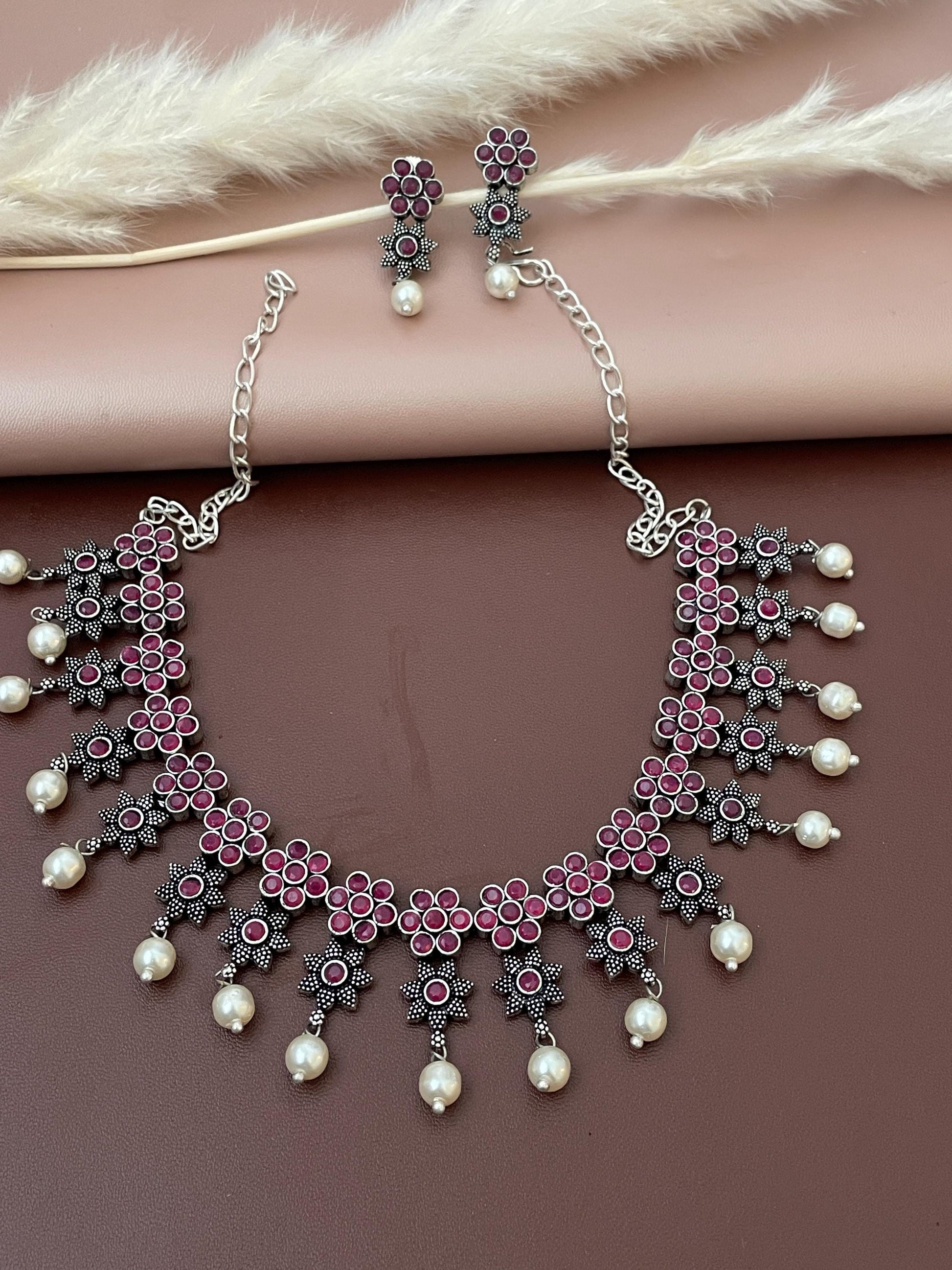 Ruby Stone Oxidized Necklace & Earrings: Indian Bollywood Jewelry