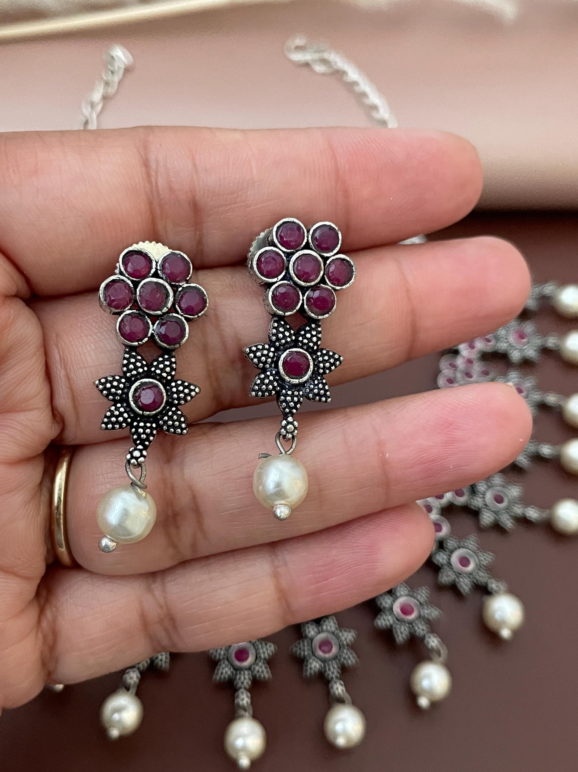 Ruby Stone Oxidized Necklace & Earrings: Indian Bollywood Jewelry