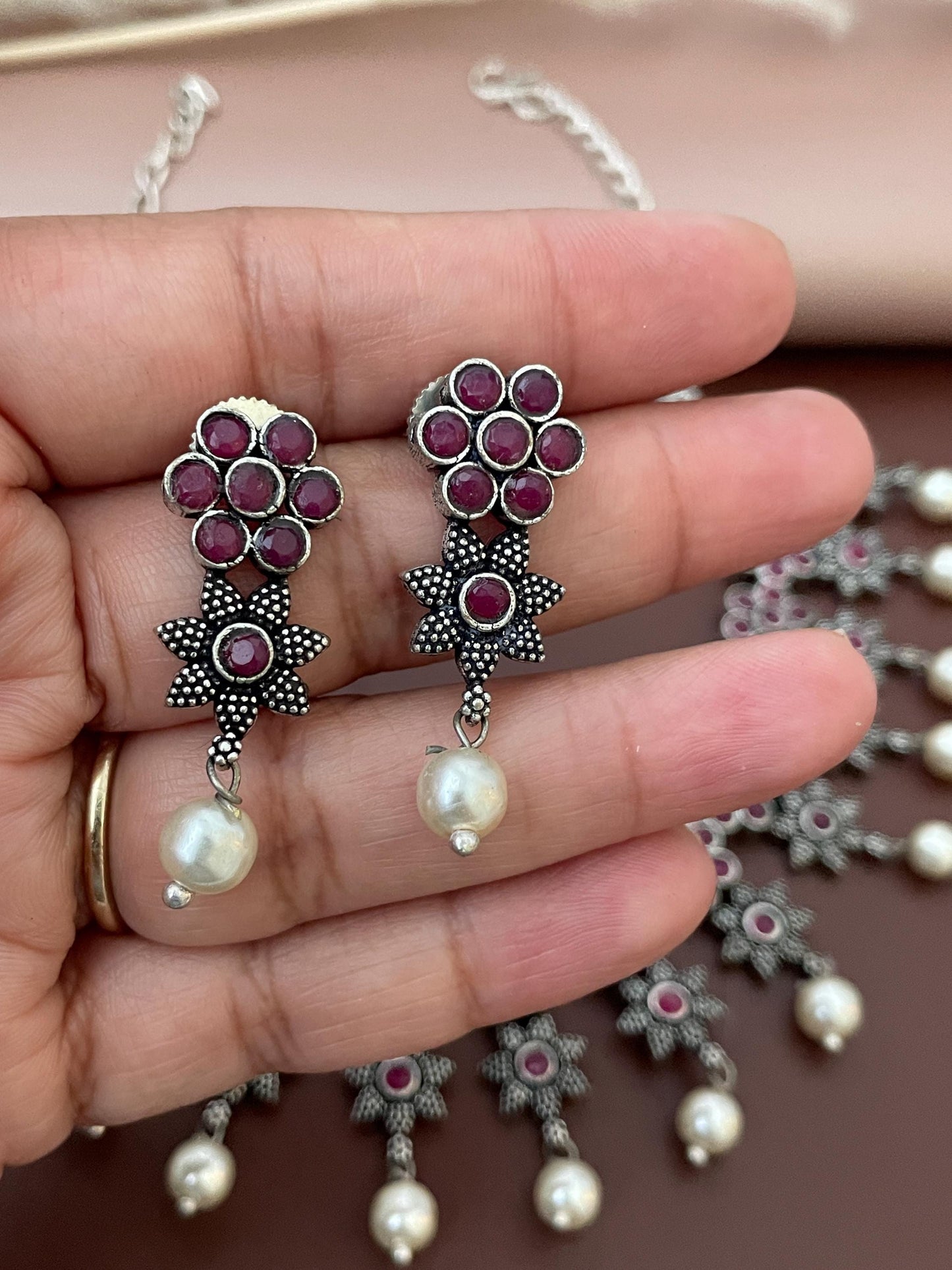 Ruby Stone Oxidized Necklace & Earrings: Indian Bollywood Jewelry