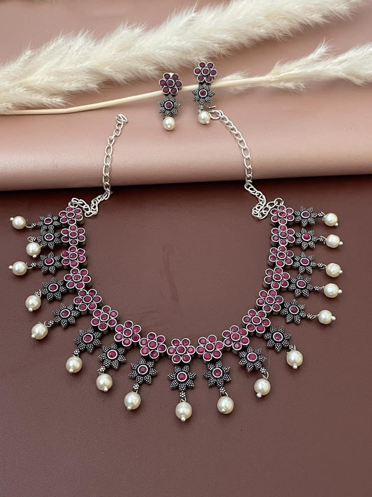 Ruby Stone Oxidized Necklace & Earrings: Indian Bollywood Jewelry