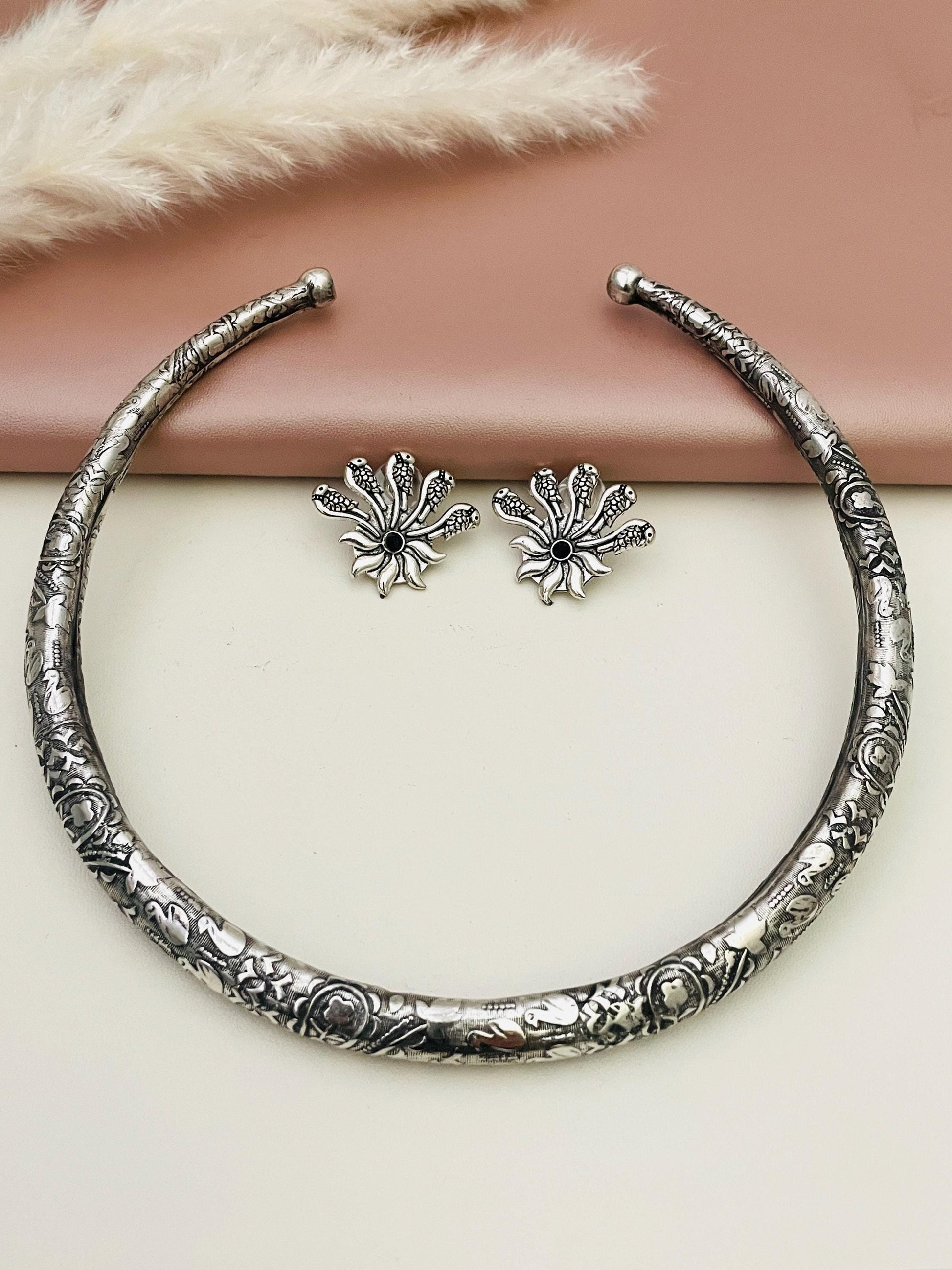 Oxidized Silver Hasli Choker Set: Antique Navratri Jewelry