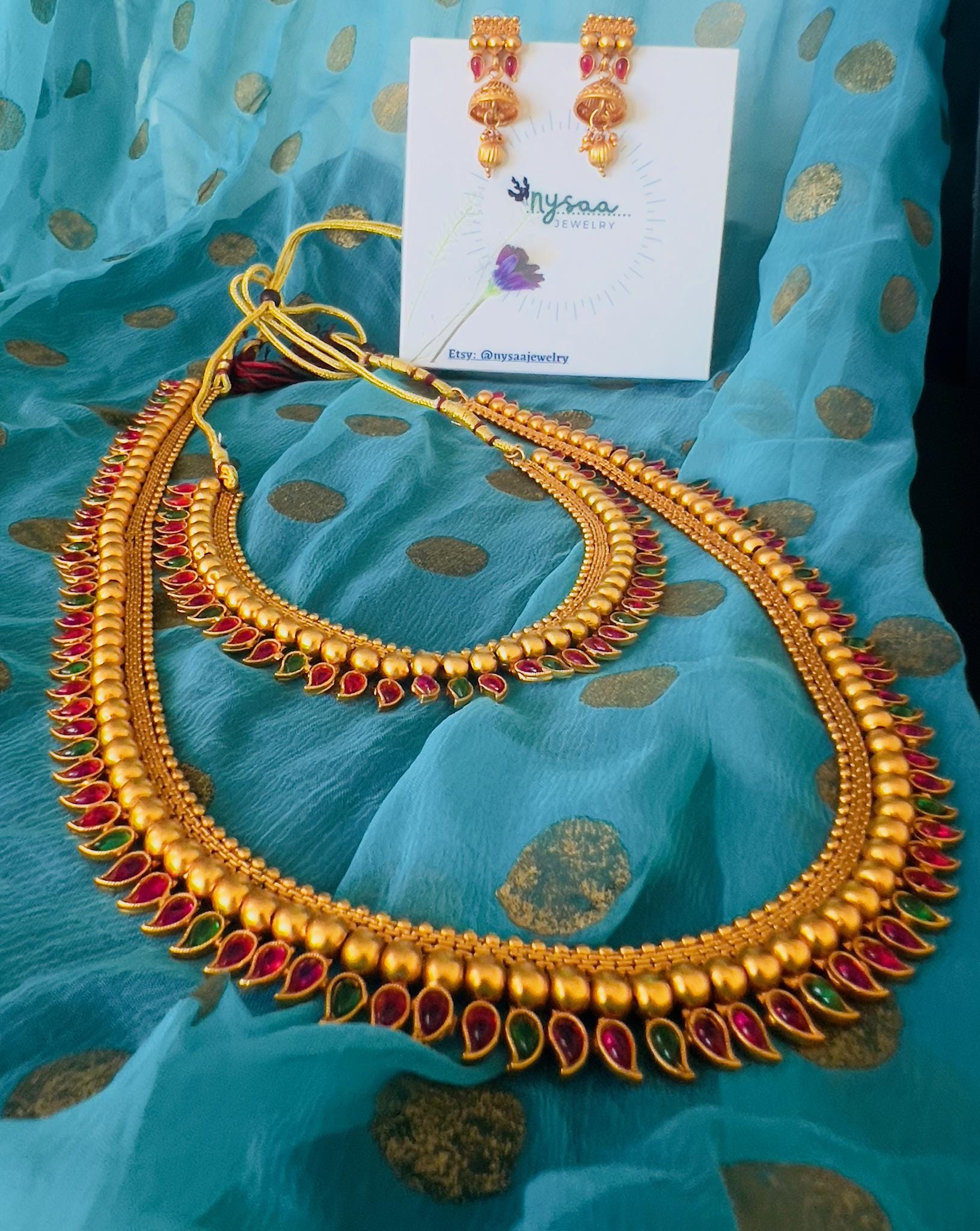 Antique Gold Layered Necklace Set: Bharatnatyam Dance Jewelry