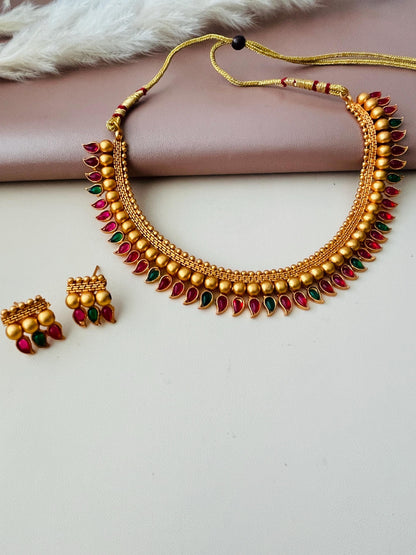 Antique Gold Layered Necklace Set: Bharatnatyam Dance Jewelry