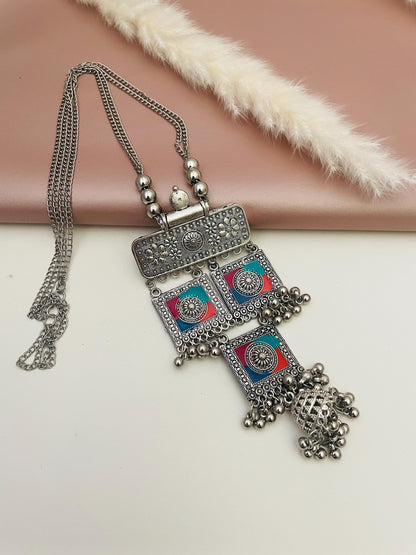 Oxidized Ganapati Pendant Necklace Set: Adjustable Jhumki Earrings