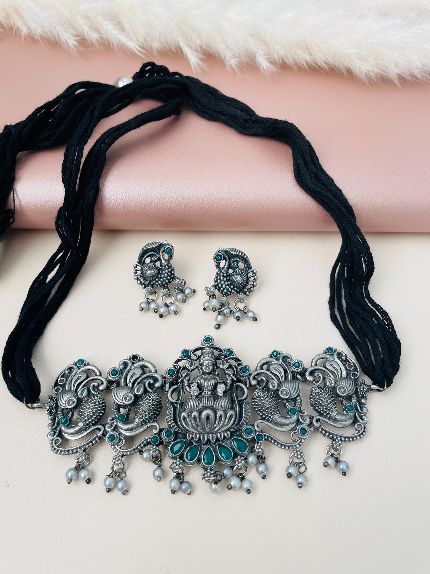 Oxidized Temple Choker Set: Multicolor Stone Navratri Jewelry