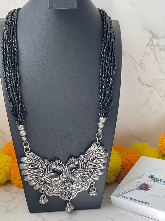 Black beads Oxidised necklace with big peacock pendant