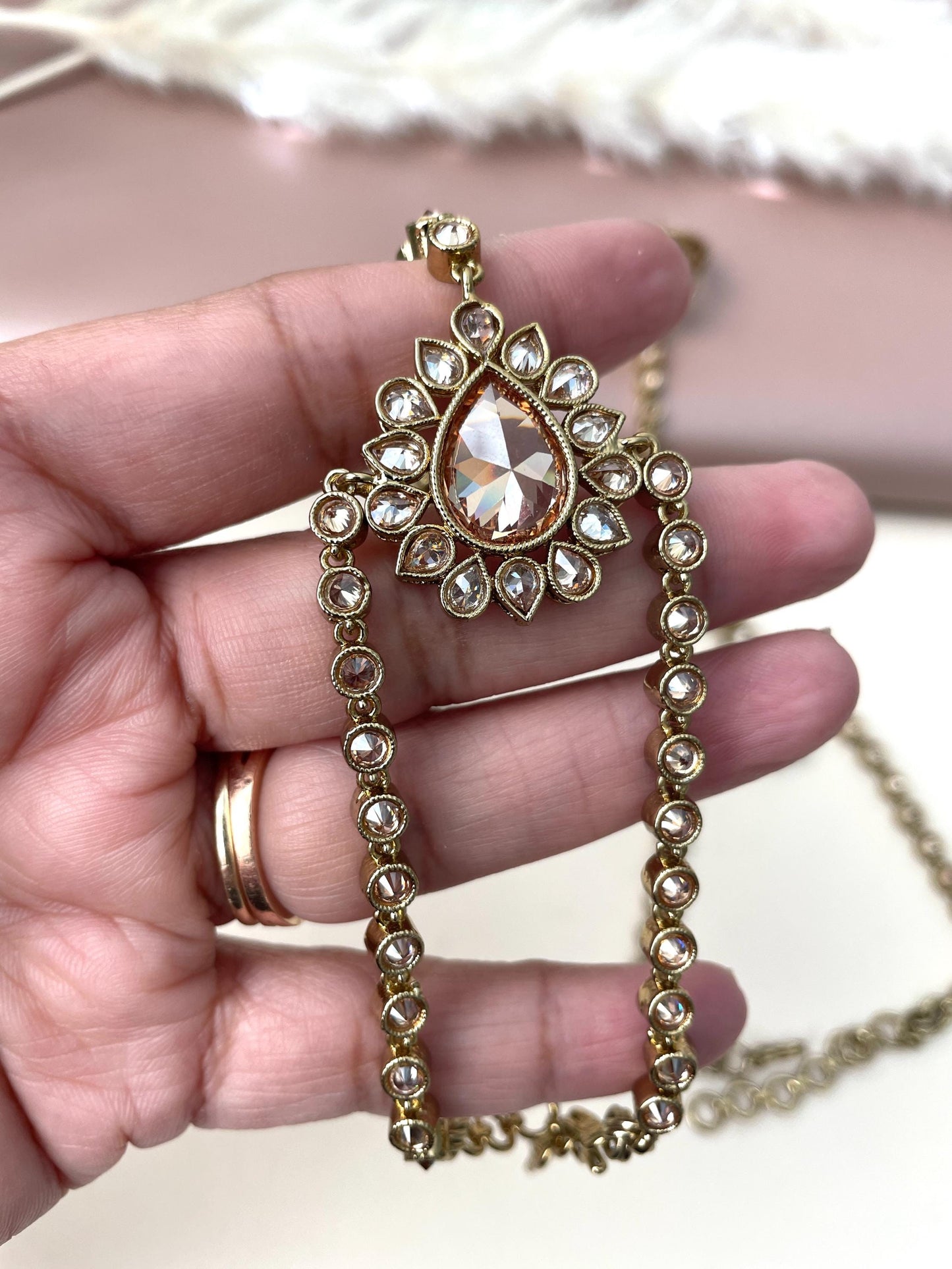 Kundan Haath Panja - Gold Plated Indian Bridal Ring Bracelet