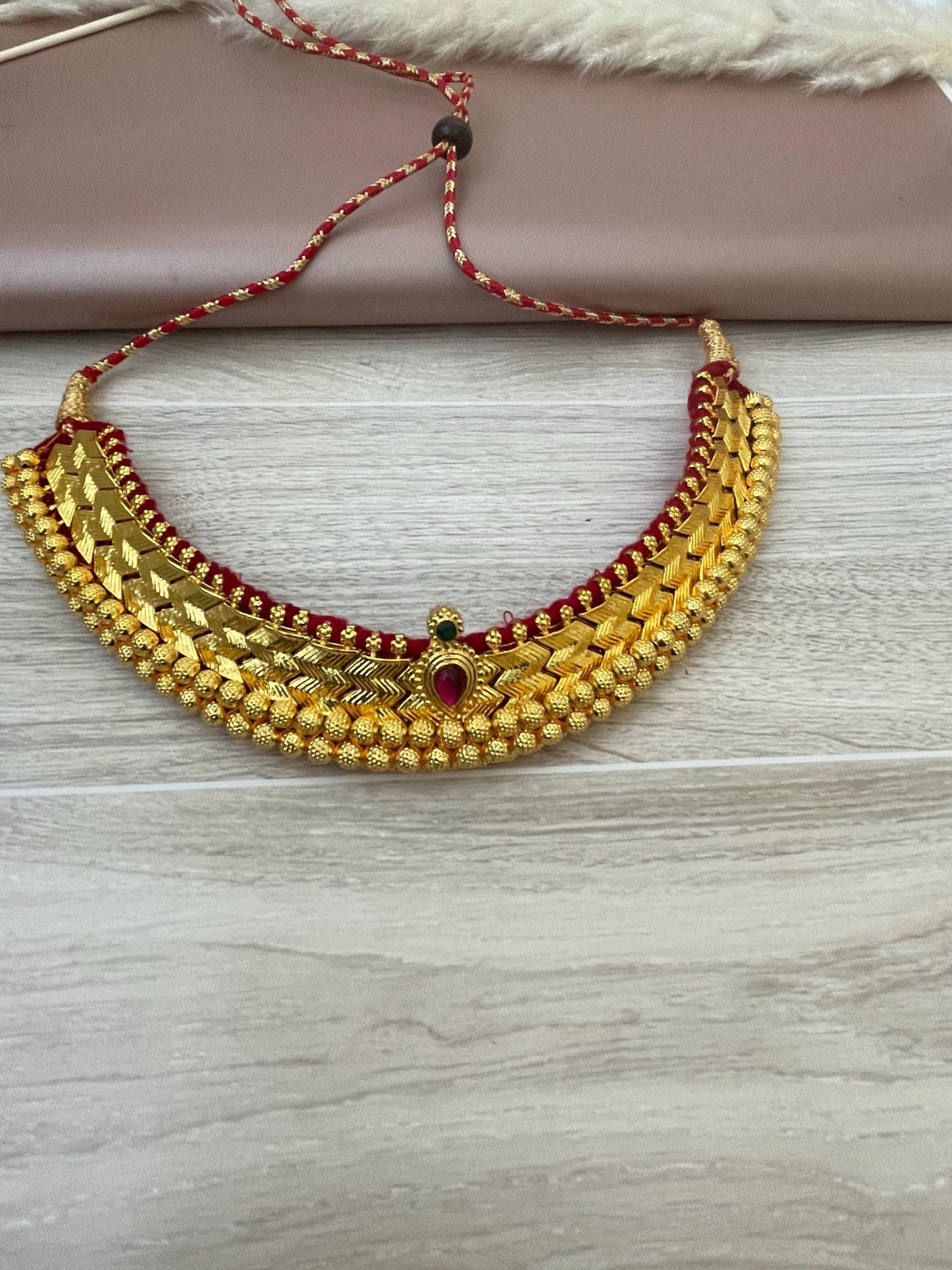 Mahalaxmi Vajratik Thushi Necklace: Micro Gold Plated Maharashtrian Bridal Jewelry