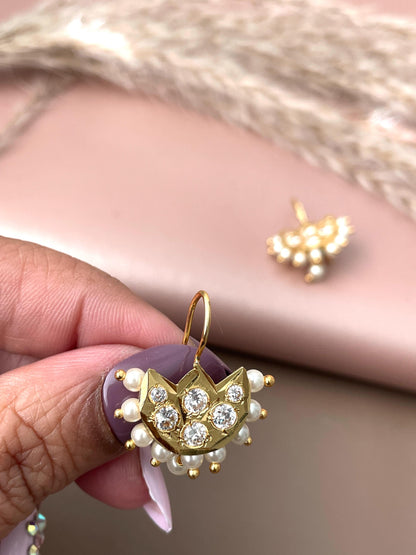 Maharashtrian Bugadi Earrings: Moti, CZ Ruby, Pearl Clip-Ons