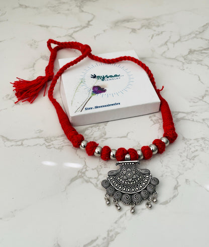 Oxidized Elephant Necklace: Bollywood Thread Jewelry, Adjustable Length