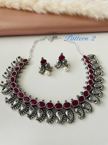Ruby gemstone high quality Oxidised necklace with matching earrings