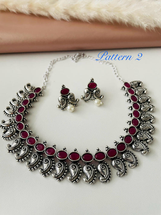 Ruby gemstone high quality Oxidised necklace with matching earrings