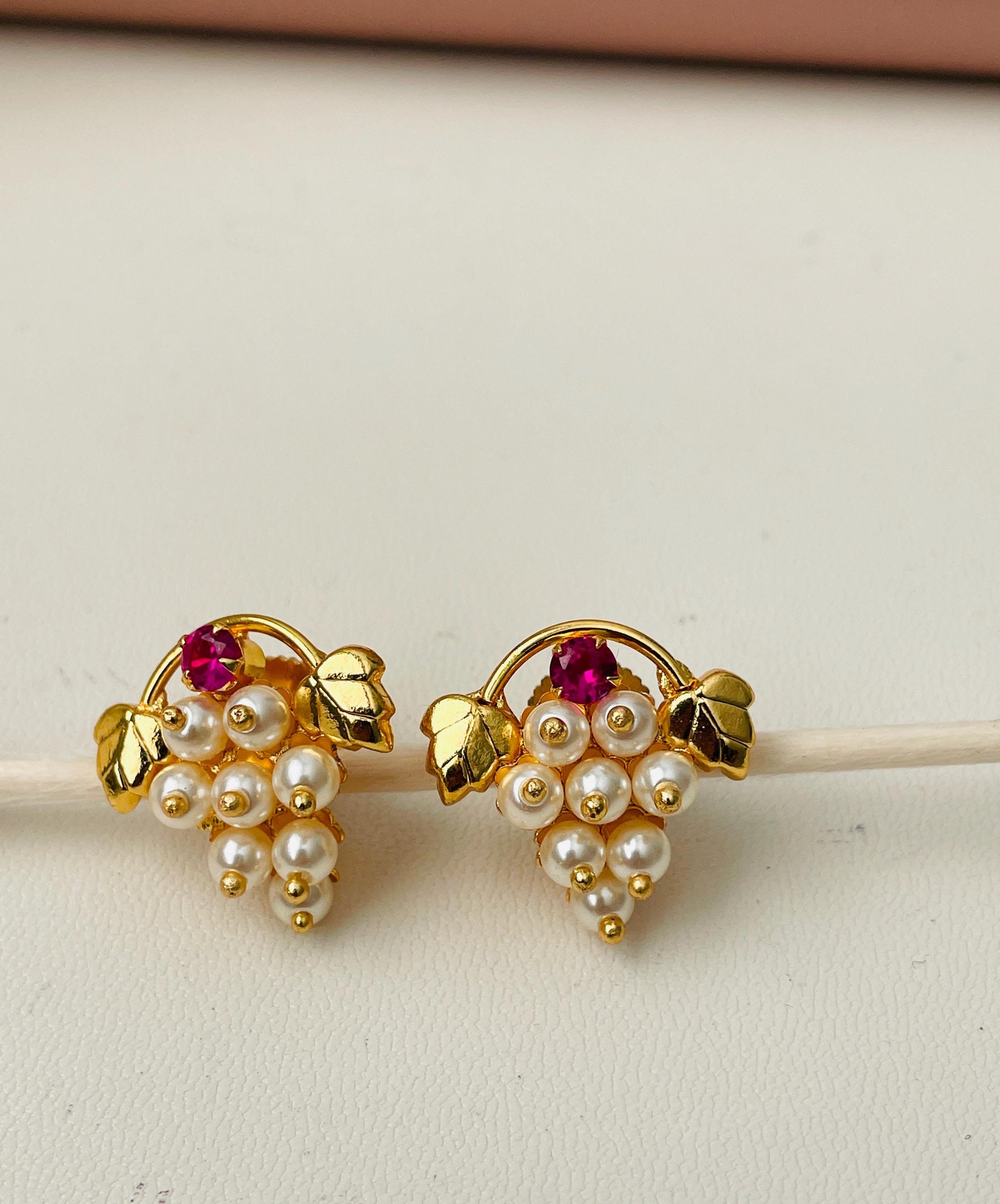 Maharashtrian Kudi Earrings: Ruby, Pearl & CZ Gold Plated Earrings