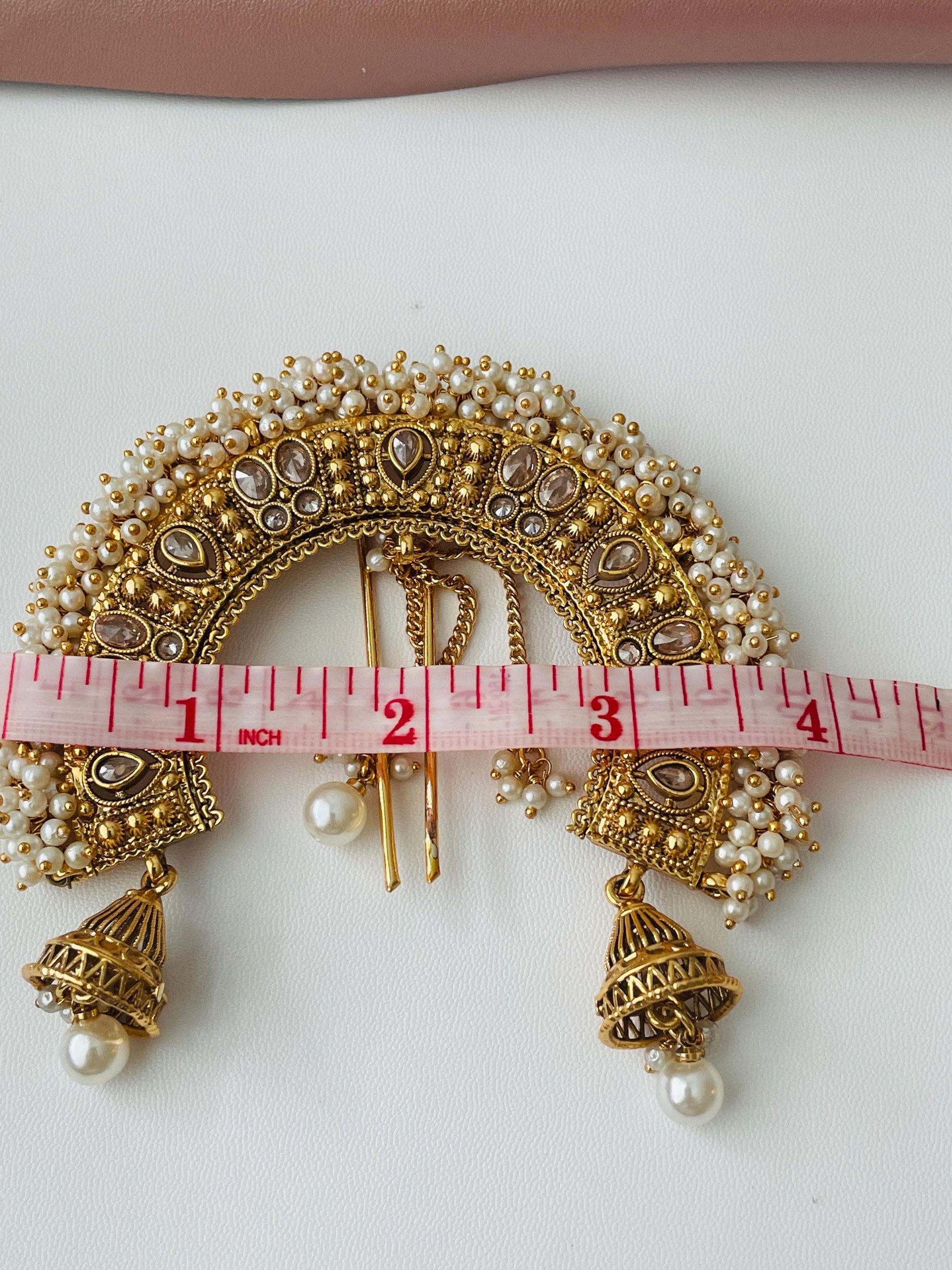 Antique Gold Plated Bridal Hair Bun Accessory: Kundan & Faux Pearl Juda Jewelry