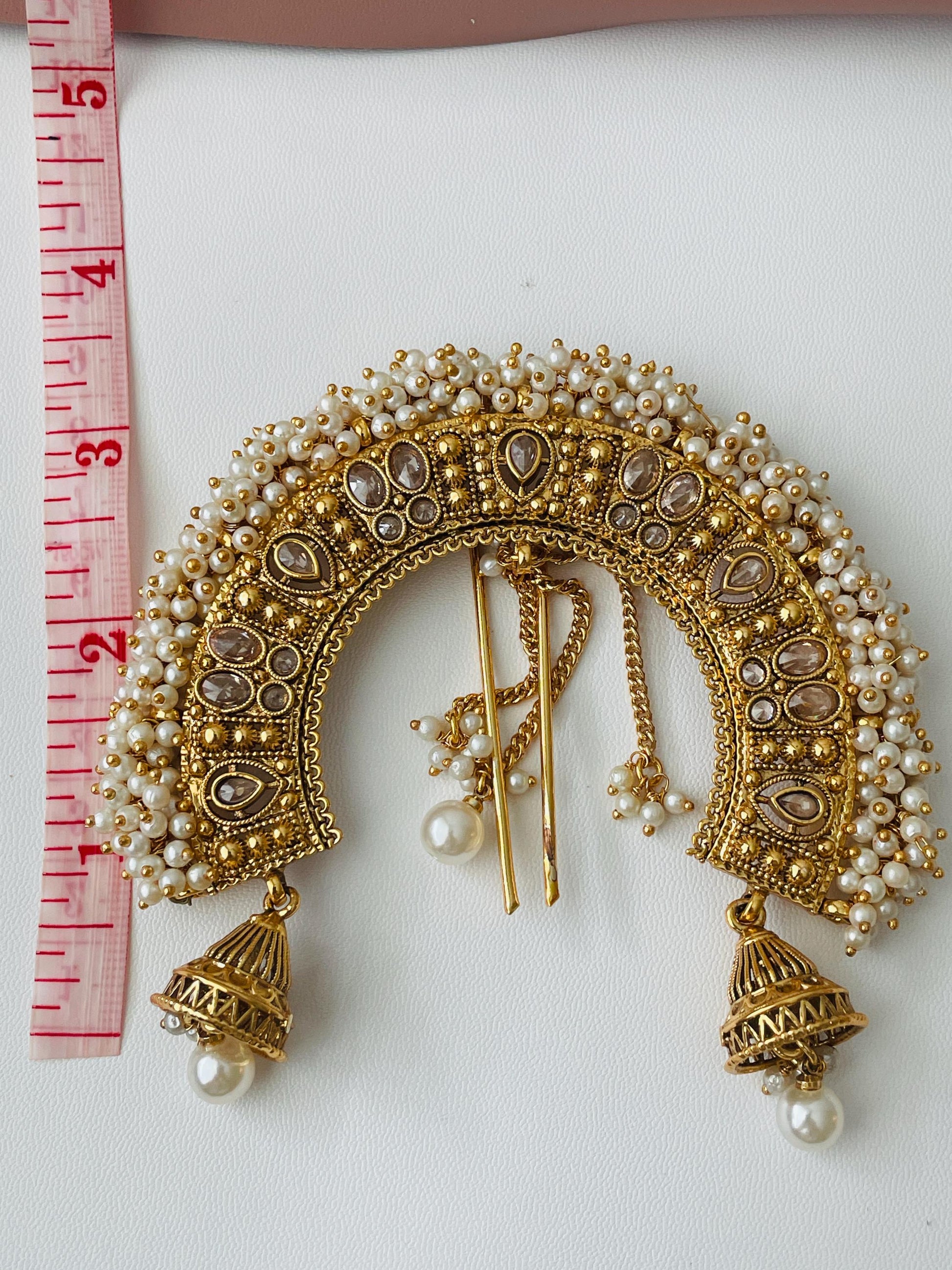 Antique Gold Plated Bridal Hair Bun Accessory: Kundan & Faux Pearl Juda Jewelry