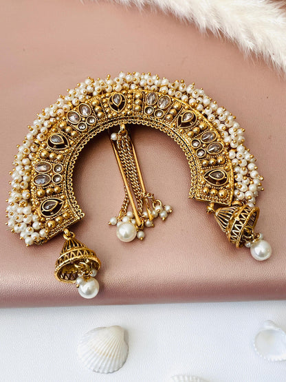 Antique Gold Plated Bridal Hair Bun Accessory: Kundan & Faux Pearl Juda Jewelry