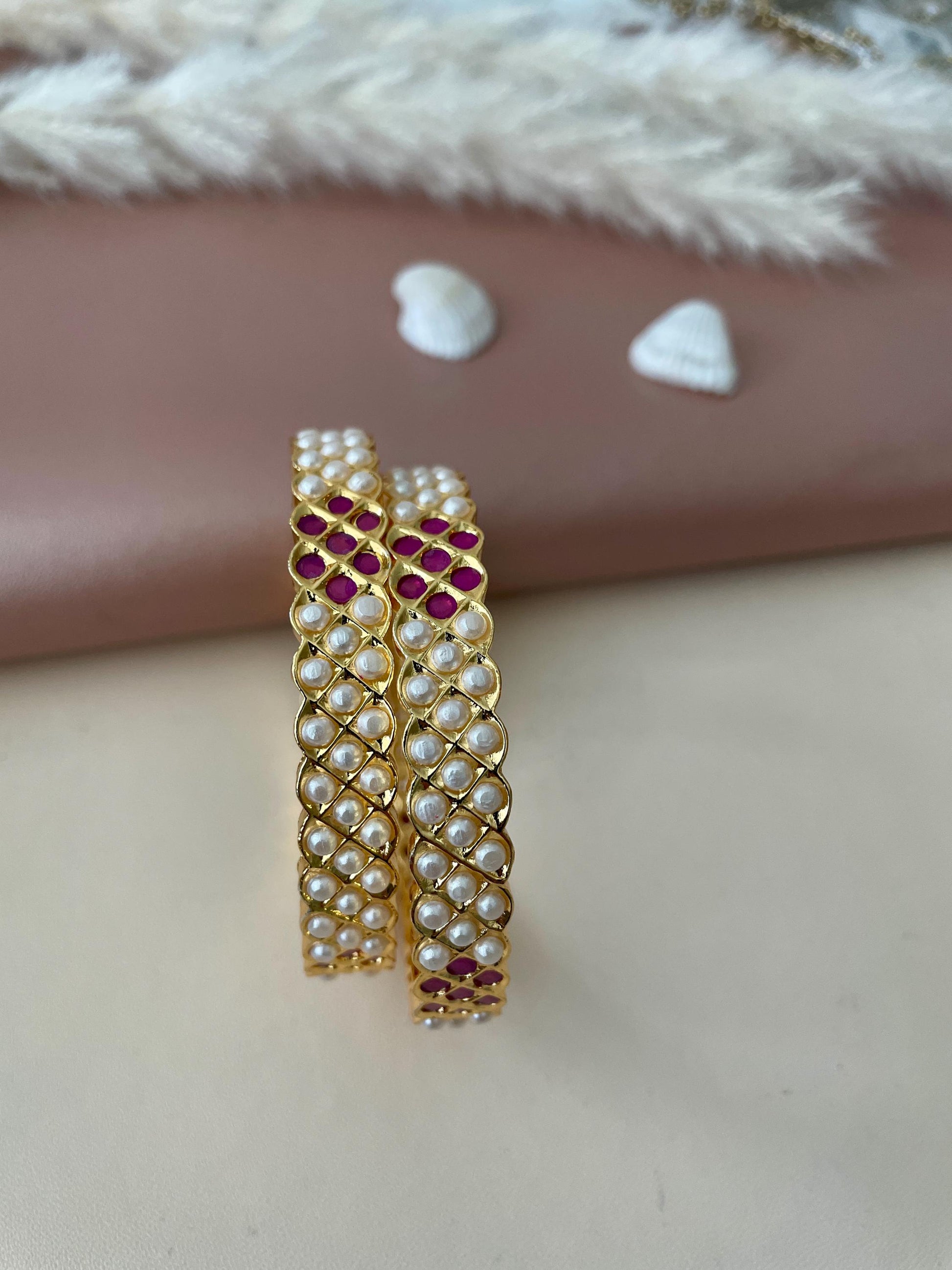 Gold Plated Ruby & Pearl Bangles - North Indian Party Jewelry