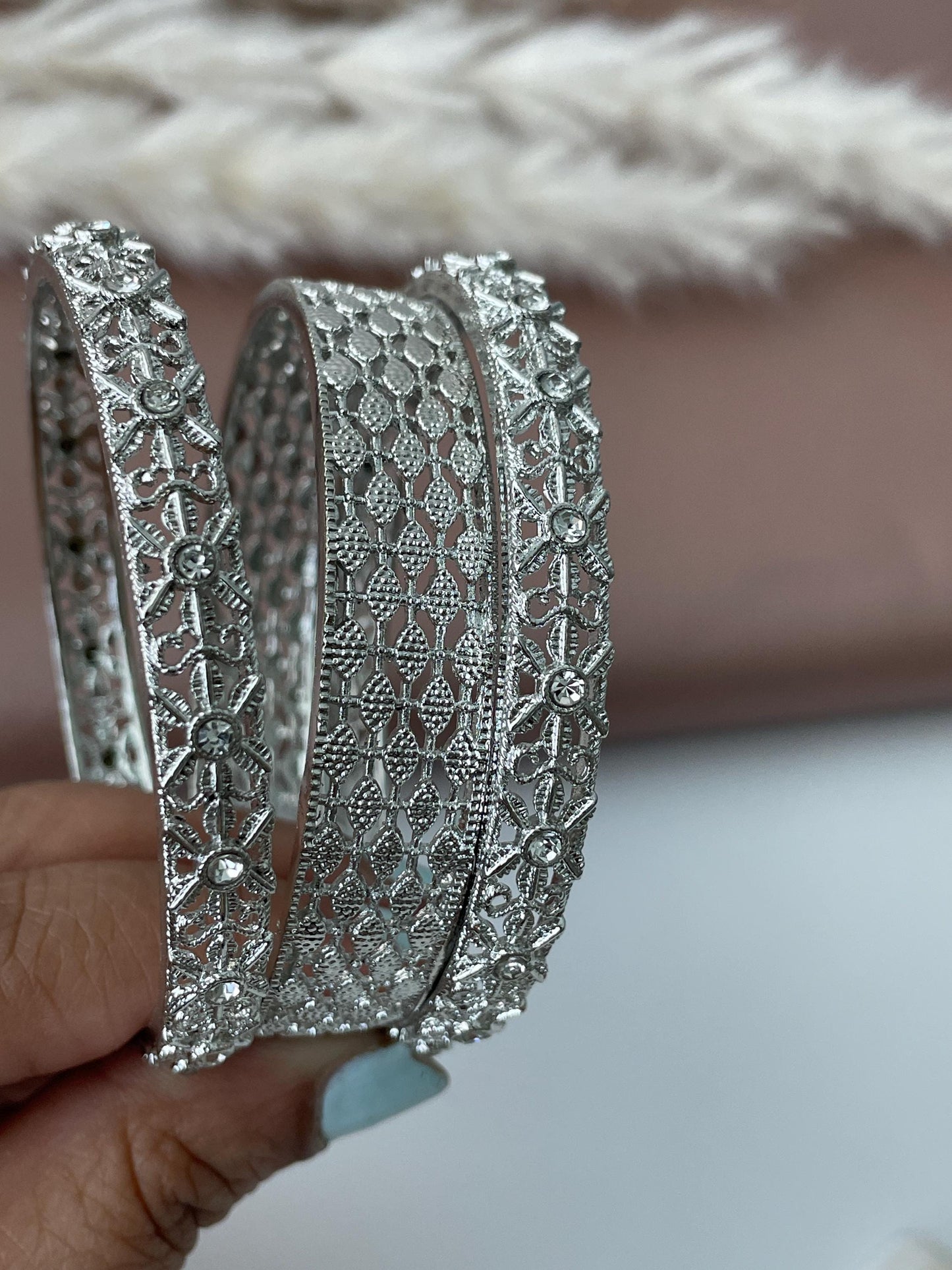 Silver Color Bangle Set | Pearl & Crystal Detail, Set of 8
