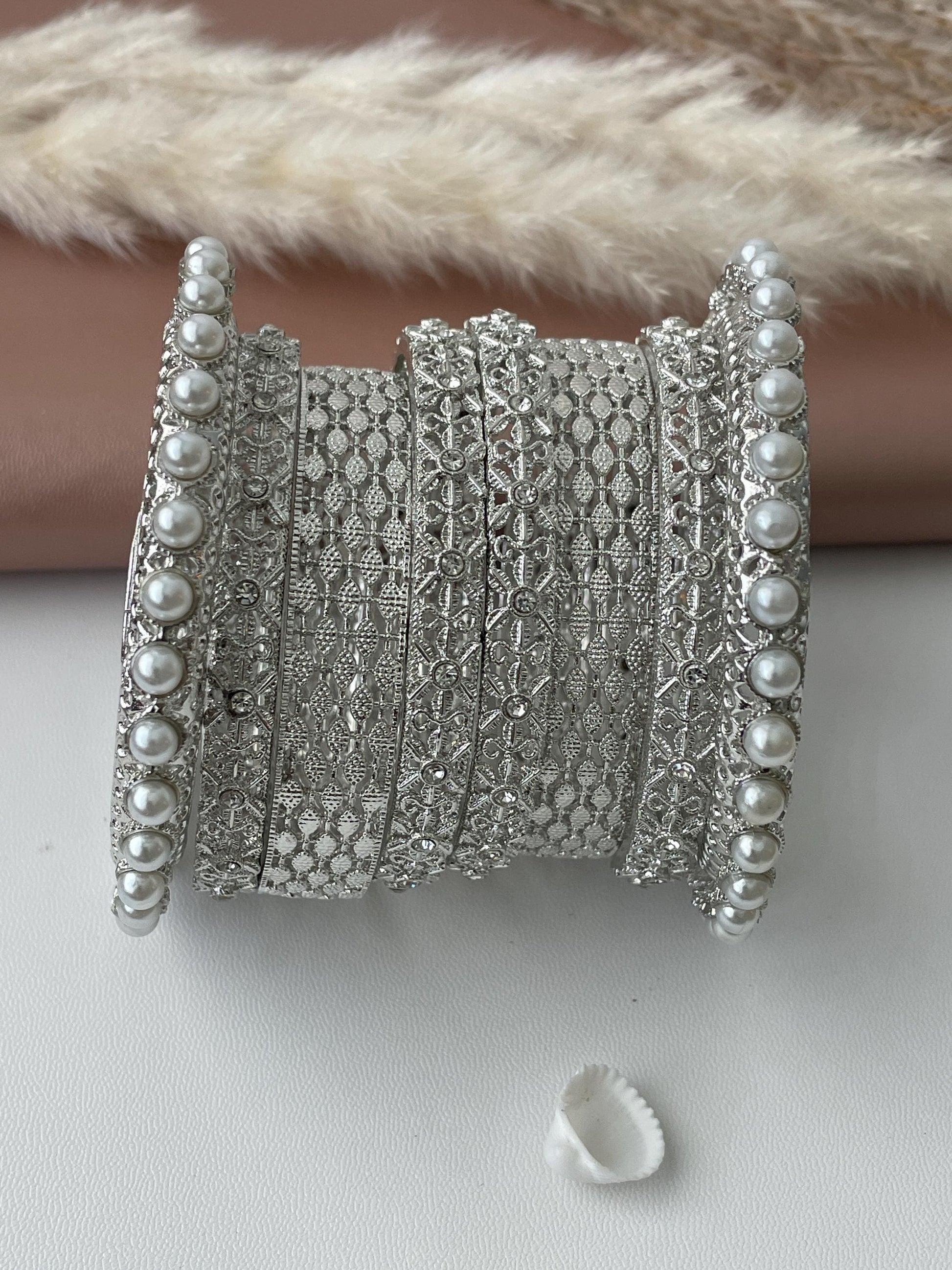 Silver and pearl bangle set