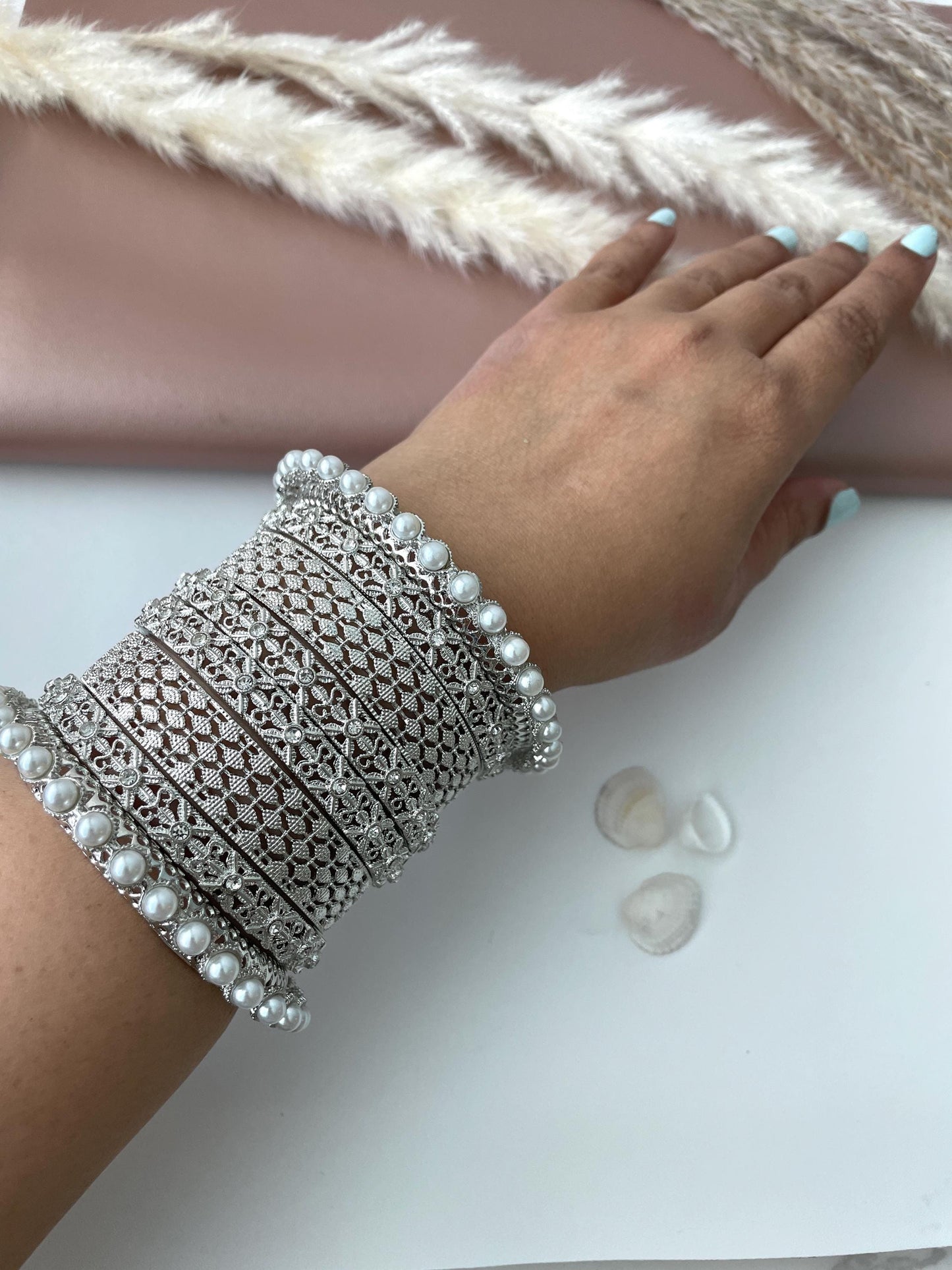 Silver Color Bangle Set | Pearl & Crystal Detail, Set of 8