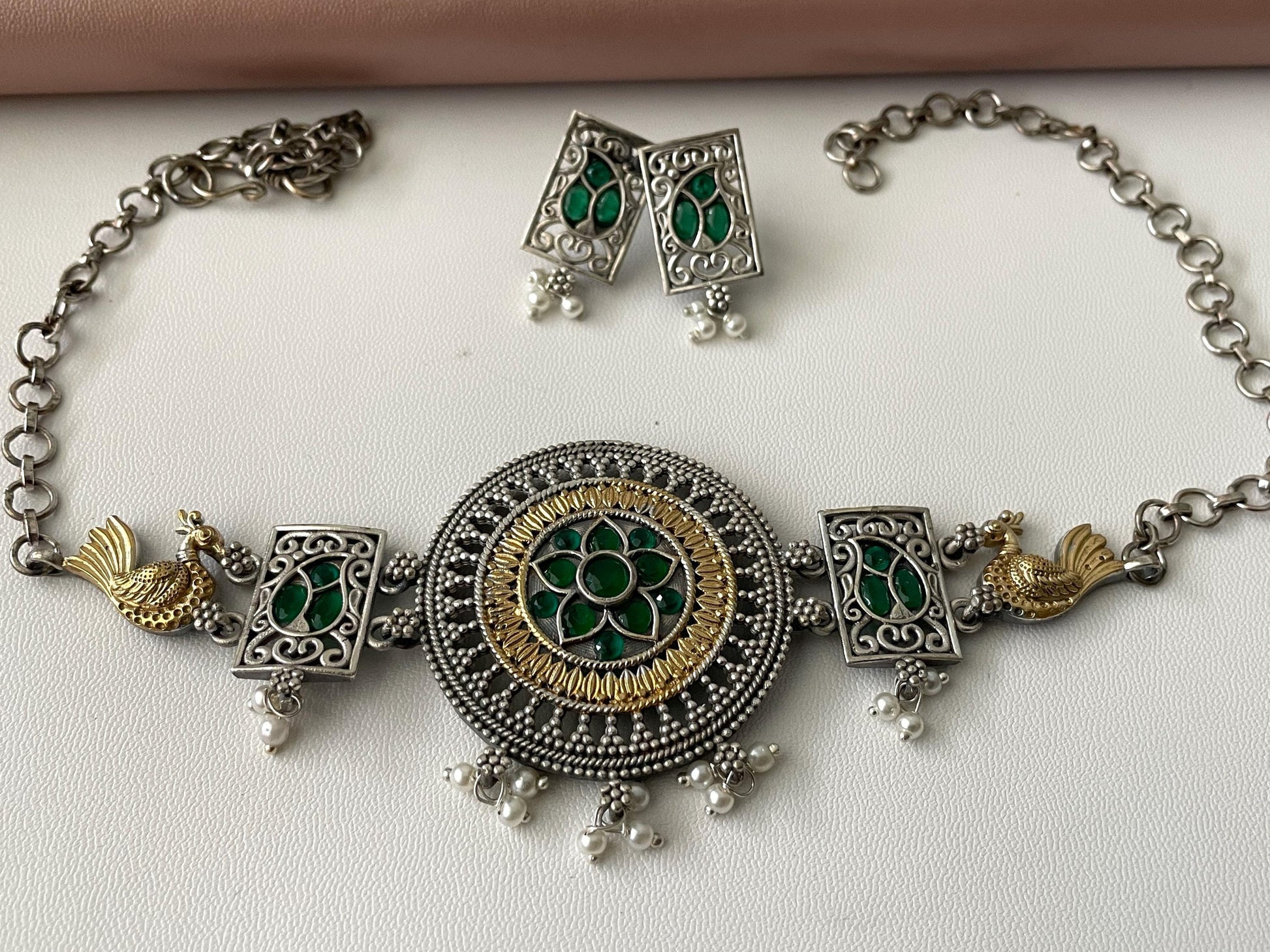 Oxidized Choker Necklace & Earrings Set: Indian Style Jewelry