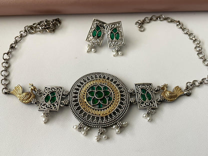 Oxidized Choker Necklace & Earrings Set: Indian Style Jewelry