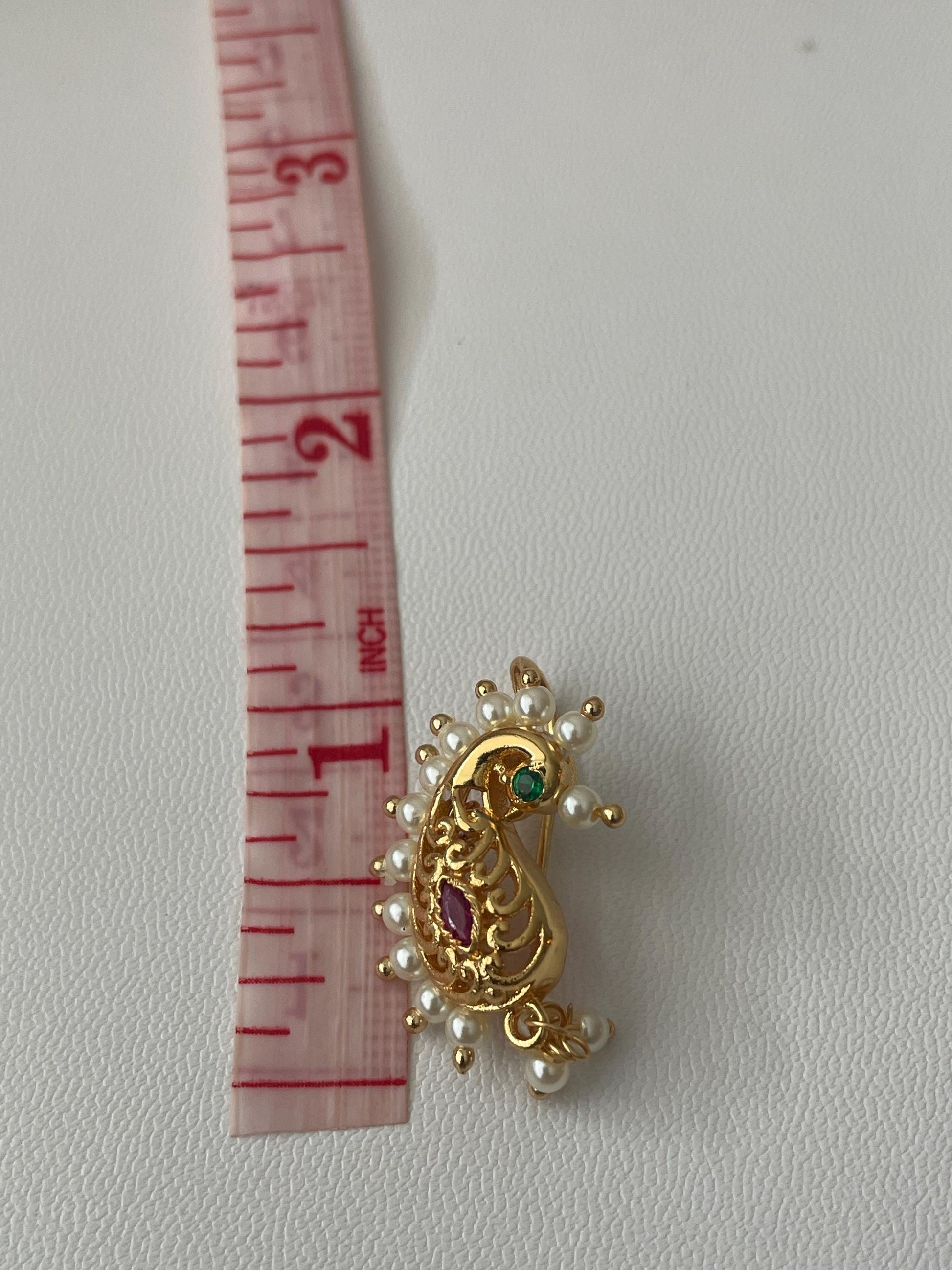 Maharashtrian Bugadi Earrings: Moti, CZ Ruby, Pearl Clip-Ons