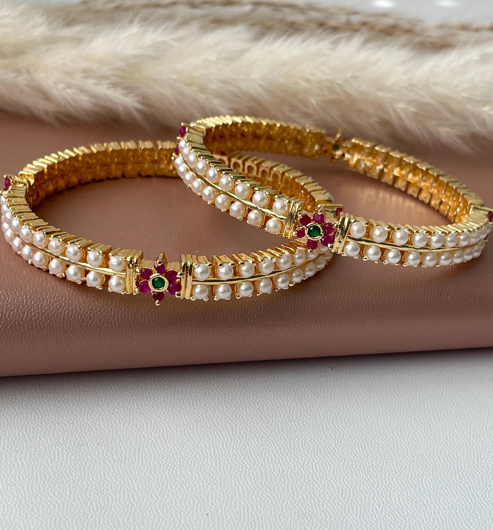 Gold Plated Pearl Bangle Set: Ruby Indian Jewelry