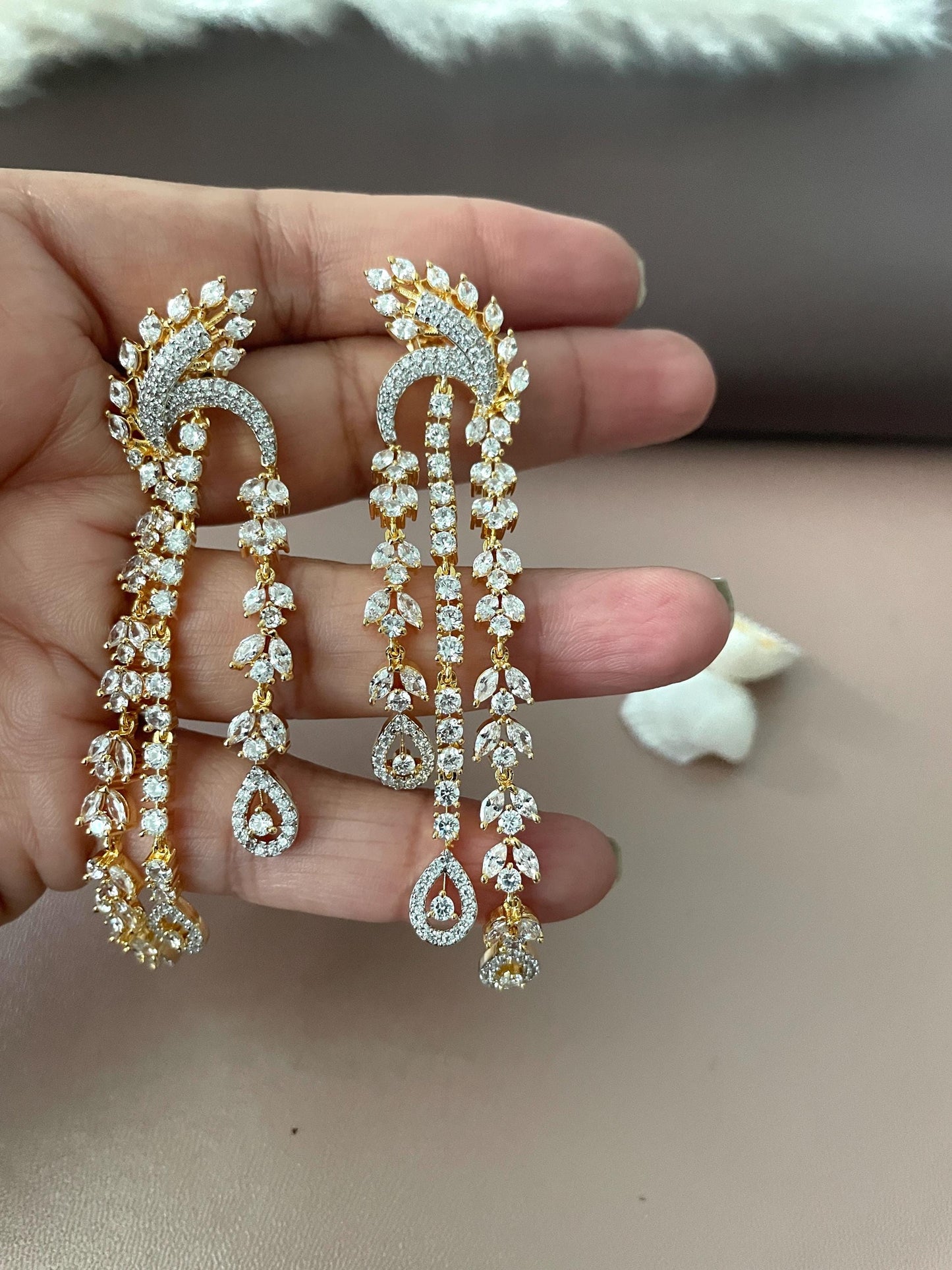 Long Cubic Zirconia Dangle Earrings: Indian Bollywood Jhumke Style