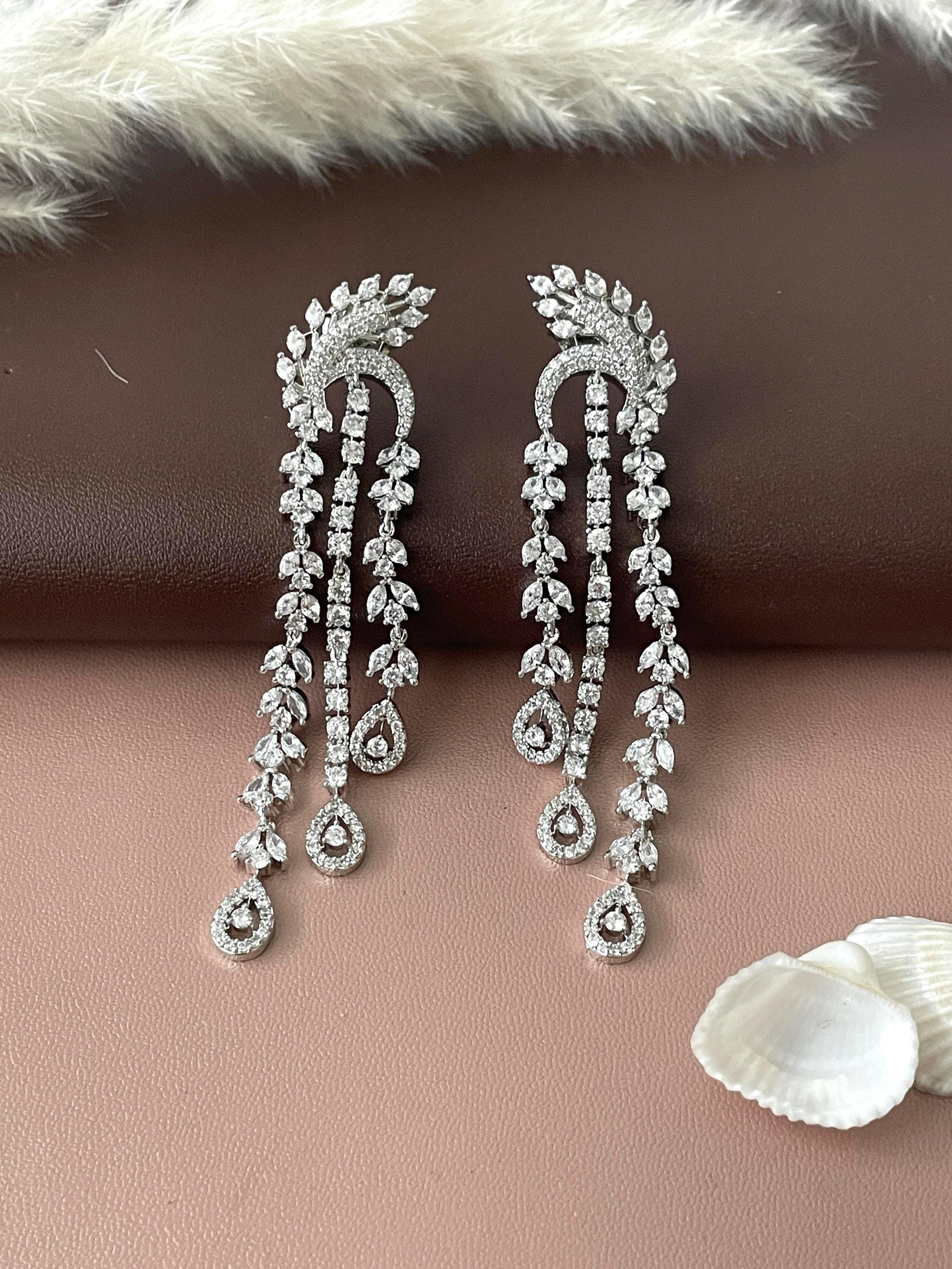 Long Cubic Zirconia Dangle Earrings: Indian Bollywood Jhumke Style