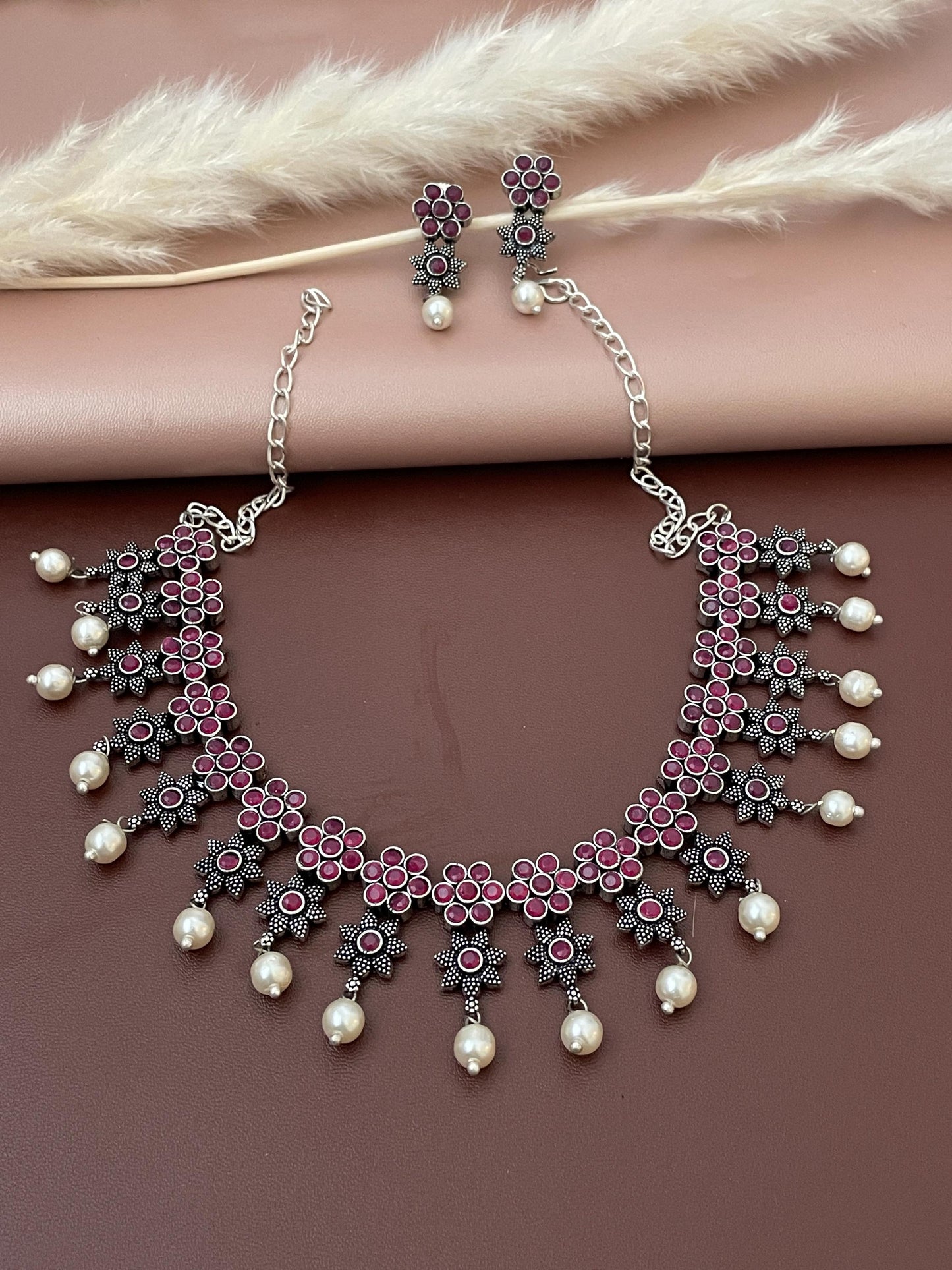 Ruby Stone Oxidized Necklace & Earrings: Indian Bollywood Jewelry